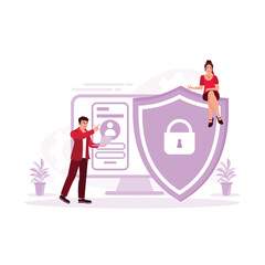 Protection of employee data security on computer laptops. The shield padlock icon on a computer screen. Cyber ​​Security concept. Trend Modern vector flat illustration