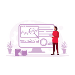 Young woman working in modern office. Using a laptop computer to analyze data and stock trading candlestick charts. Data Analysis Concept. Trend Modern vector flat illustration