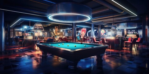 bar with pool table and shelf with drinks, generative AI - obrazy, fototapety, plakaty