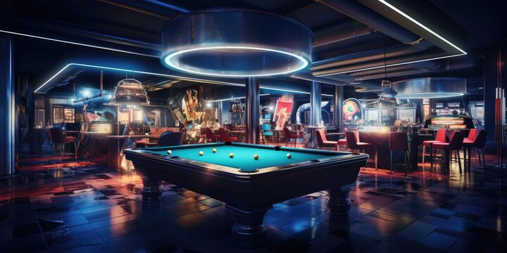 bar with pool table and shelf with drinks, generative AI