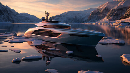 As the sun rises above the snow-capped mountains, a majestic boat floats peacefully across the glassy lake, its reflection creating a breathtaking landscape that captures the beauty of nature