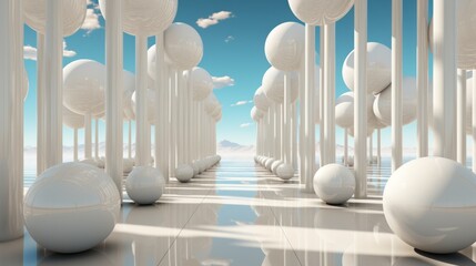 A breathtaking sculpture of a white spherical structure adorned with poles, evoking a sense of awe and wonderment in its viewers