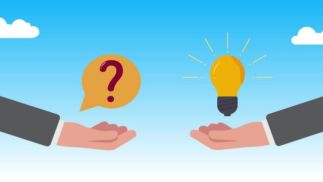 Concept of a great idea, looking for answer, hand gesture, solution of the problem, animation in cartoon style, question mark and light bulb