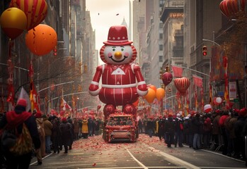 Huge clown floats through NYC with pilgrims and spectators ahead of the start of the annual Macy's...