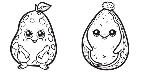 Set of two fruits line art happy cartoon character vector illustration