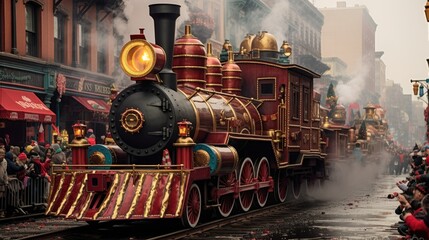 Carnival concept with real steam train decorations on the streets crowded with people