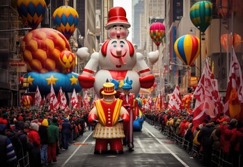 Thanksgiving Day Parade with performers and giant balloons floating through NYC