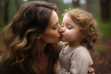 a cute baby girl give her mom a kiss, nature background