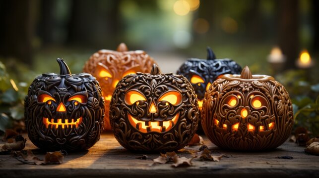 On halloween night, group of mischievous carved pumpkins illuminate darkness of outdoor night, reminder of vibrant vegetable, cucurbita, from which they are born and the joy of trick-or-treating