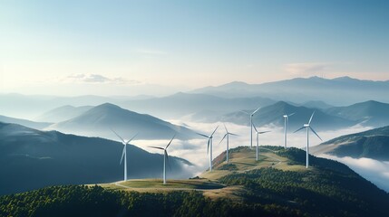 Fototapeta na wymiar A Clean energy industry: Green energy wind farms on high mountains, aerial photography