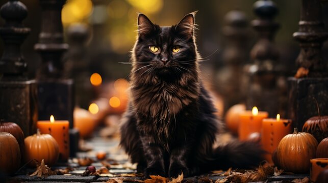 On halloween night, a mysterious black cat with glowing eyes and whiskers lounges atop a pile of pumpkins, surrounded by flickering candles, creating a hauntingly beautiful atmosphere inside