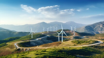 Fototapeta premium A Clean energy industry: Green energy wind farms on high mountains, aerial photography