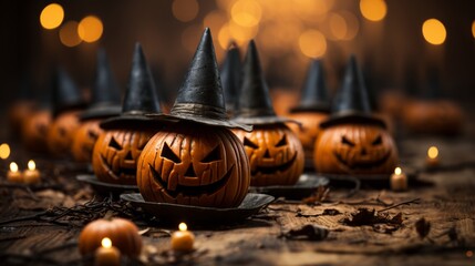 A flickering candle casts a spooky glow on a lively group of pumpkins wearing colorful halloween hats, celebrating the vegetable's holiday in style