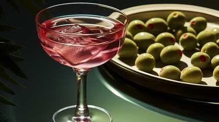 The vibrant pink wine in the crystal stemware captures the eye, contrasting against the deep green olives that rest on the table, setting a scene of elegant sophistication in the room