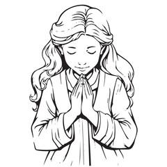 A girl praying line art coloring page vector illustration