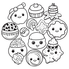Set of sweets line art coloring page vector illustration