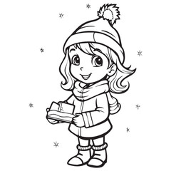 Christmas Girl with a Gift box line art coloring page vector illustration