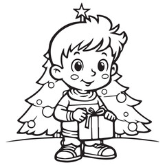 A child with a gift for Christmas line art coloring page vector illustration