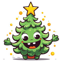 Cartoon Christmas tree with happy face mascot vector illustration