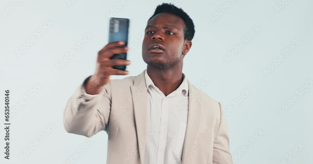 Poster phone, signal and black man in studio with no connection, network service and mobile problem. busine