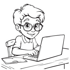 A Boy working on a laptop outline coloring book page vector illustration