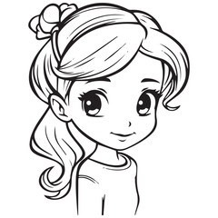 Cartoon happy girl smiling coloring page for kids.