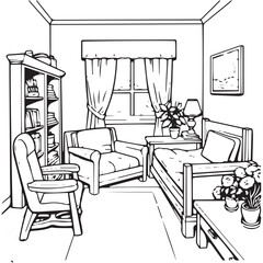Sketch of the interior of the room line art coloring page vector illustration