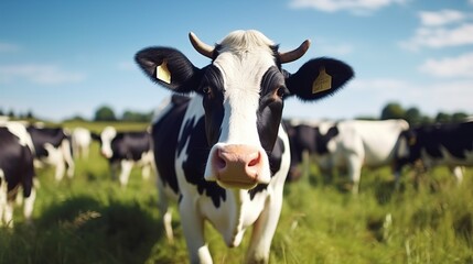 Close - up of a herd of barbarian cows grazing on the rich green pasture in the morning