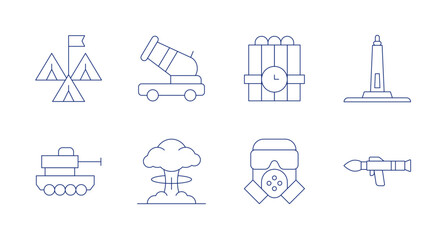 War icons. Editable stroke. Containing cannon, dynamite, explosion, gas mask, memorial, rocket launcher, tank, tent.
