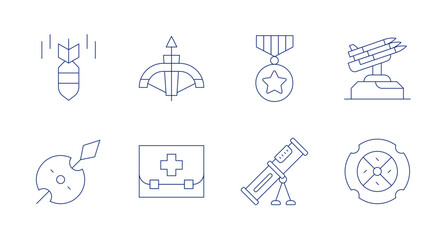 War icons. Editable stroke. Containing crossbow, first aid kit, medal, missile, mortar, shield, spear, war.