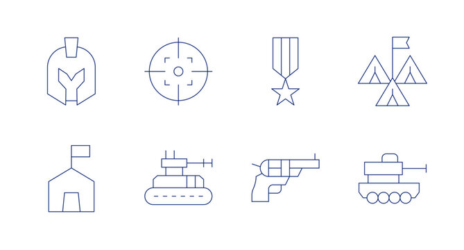 War icons. Editable stroke. Containing spartan, tank, target, tent, medal, revolver.