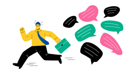 Communication problem or overload. Frustrated businessman run away from collapsing stack of online speech bubble. Overwork. Flat vector illustration isolated on white background