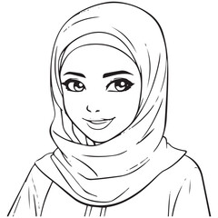 Cute Hijabi Islamic Mind Muslim  line art coloring page vector illustration
