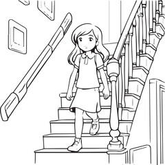 Girl Down in the Stair Line art coloring page vector illustration