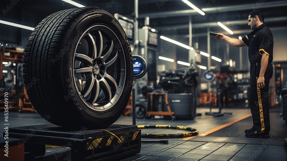 Wall mural A Tire industry: Technician in tire changing service center working, technician changing tires, technician using modern tools, new tires, tire warehouse.