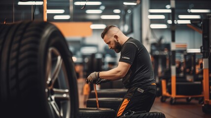 A Tire industry: Technician in tire changing service center working, technician changing tires, technician using modern tools, new tires, tire warehouse.
