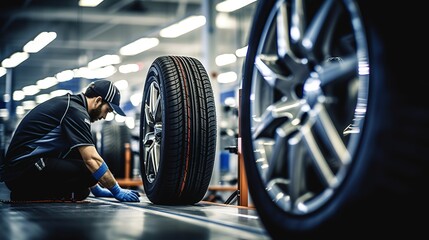 A Tire industry: Technician in tire changing service center working, technician changing tires, technician using modern tools, new tires, tire warehouse. - obrazy, fototapety, plakaty