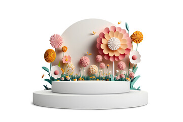 3d illustration spring flowers plants bush floral arrangement garden with podium empty stage display presentation product design, isolated on white and transparent background, ai generate