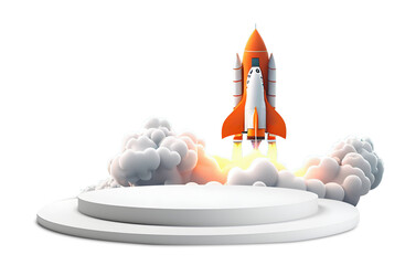 3D rocket in space Business startup with podium empty stage display presentation product design, isolated on white and transparent background, ai generate