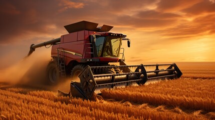 Fototapeta premium A Combine harvester harvests ripe wheat. Ripe ears of gold field on the sunset cloudy orange sky background. Concept of a rich harvest.