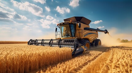 Fototapeta premium A Combine harvester harvests ripe wheat. Ripe ears of gold field on the sunset cloudy orange sky background. Concept of a rich harvest.
