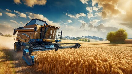 Fototapeta premium A Combine harvester harvests ripe wheat. Ripe ears of gold field on the sunset cloudy orange sky background. Concept of a rich harvest.