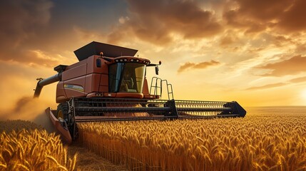 Fototapeta premium A Combine harvester harvests ripe wheat. Ripe ears of gold field on the sunset cloudy orange sky background. Concept of a rich harvest.