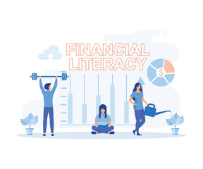 FINANCIAL LITERACY. modern financial education. Young men and women characters in different movements around words FINANCIAL LITERACY. flat vector modern illustration