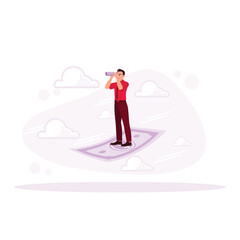 Businessman standing on dollar banknotes and looking forward with the telescope. Business and challenges. Earning Money concept. Trend Modern vector flat illustration