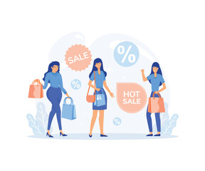 people with Shopping Bags and Presents, Big sale, Discount and Advertising Banner,  flat vector modern illustration 
