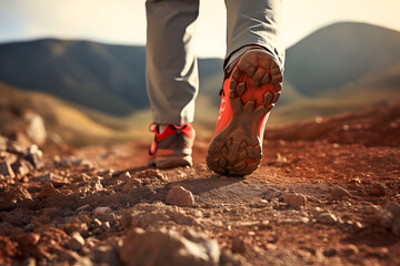 Close up of male hikers shoes on a mountain desert trail path - obrazy, fototapety, plakaty
