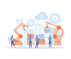 Smart Factory and working person using wireless technology to control, infographic of industry 4.0 concept, flat vector modern illustration