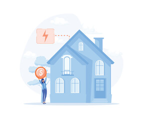 Sustainability, Energy efficiency in household and industry. Person checks heating meter and calculates household utility bill, flat vector modern illustration