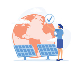 Sustainability, Energy efficiency in household and industry. Characters using green electricity, windmills and solar panels, flat vector modern illustration